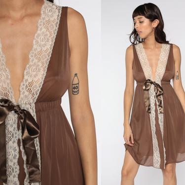 brown lingerie dress Ribbed Modal Long-Sleeve Laced Bra Mini Dress in Chocolate Brown - S main image 0