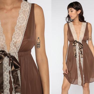 70s Slip Dress Brown Lingerie Nightgown Deep V Neck Dress Lace Plunge Nylon Mini Bohemian 1970s Vintage Boho Empire Waist Small 