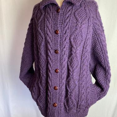 Wool cable knit cardigan sweater~ thick warm cozy button up with pockets~ purple eggplant color~ large oversized women’s or unisex 