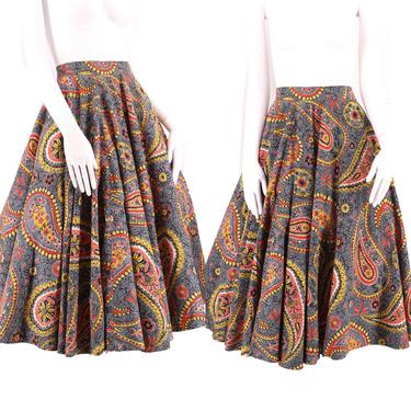 50s HONEYLANE huge cotton circle skirt 28 / vintage 1950s paisley print full sweep skirt 29&amp;quot; 