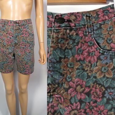 Vintage 90s High Waist Denim Dark Floral Shorts Size 26 Waist 