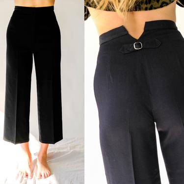 Vintage 90s Giorgio Armani Jeans Black Wool Gabardine Wide Leg Cropped Pants w/ Buckle Waist | Made in Italy | 1990s Designer Boho Slacks 