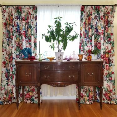 Vintage Bold Floral Pinch Pleat Drapes / Colorful Pleated Curtains / Puddle Length Bay Window Drapes / Heavy Three Layer 100&amp;quot; Cotton Drapes 