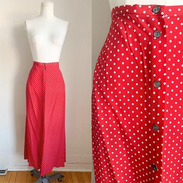Vintage 1990s Red & White Polkadot Midi Skirt / 32" waist 