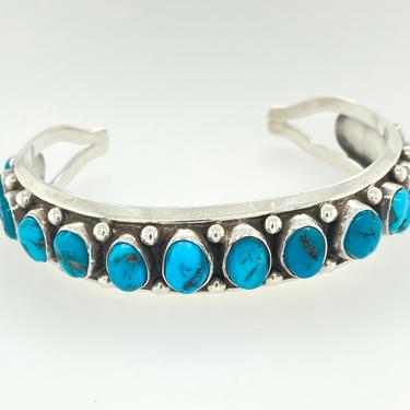 Vintage Navajo 15 Stone Turquoise Sterling Silver Cuff Bracelet Artisan Signed RA 