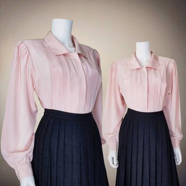 Vintage Pleated Blouse, Medium / Silky Pink Button Blouse / 1940s Style Cocktail Blouse / Classic Long Sleeve Button Up Dress Blouse 