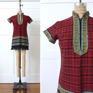 vintage 1960s mod India dress • cotton embroidery hippy minidress with fringe 