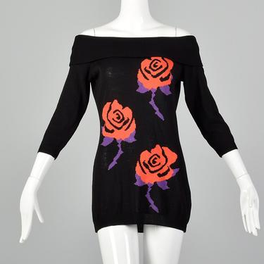 XS Gianni Versace Spring Summer 1988 Black Sweater Designer Floral Rose Novelty Off the Shoulder Wool Mini Dress 80s 