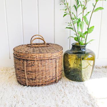 Large Vintage Oval Basket With Lid and Handles 