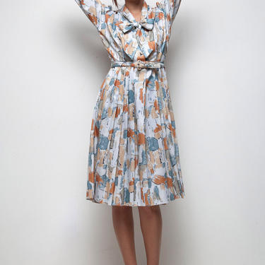 70s does 50s shirtwaist bow dress vintage pleated abstract scribble print blue orange LARGE L 