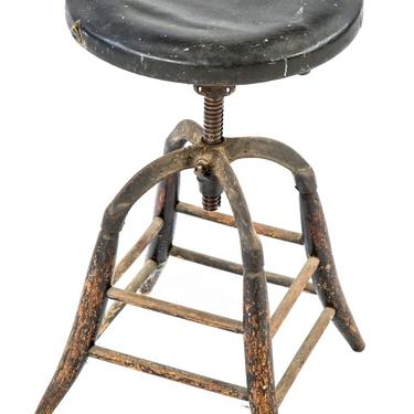 Early 20th Century Original And Fully Functional Adjustable Height Dietzgen Drafting Stool With Amazingly Intact Black Leather Cushioned Seat And