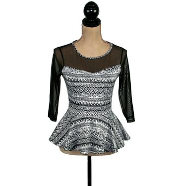Black and White Geometric Print Top, Peplum Sweetheart Blouse with Sheer Sleeves & Mesh Illusion Neckline, Vintage Clothes Women XS 