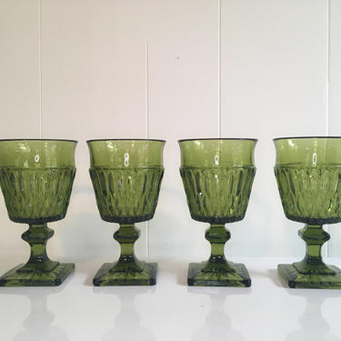 Vintage Mount Vernon Green Water Glasses Square Base Goblet Set of Four (4) Indiana Glass Olive Green Avocado 1960s 