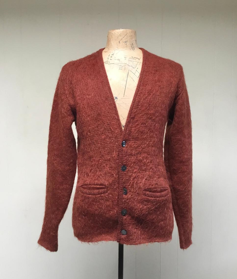 Vintage 1960s Rust Mohair Wool V-Neck Cardigan, 60s Shaggy Knit