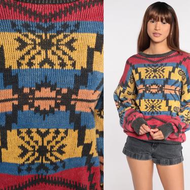 90s Geometric Sweater Southwestern Aztec Sweater Knit Jumper 80s Red Statement Grunge Vintage Pullover Red Cotton Ramie Medium Large 