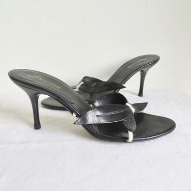 Vintage Size 40 9.5 US Sergio Rossi Black and White Leather Bow Kitten Heel Mule Slip On Sandals Made in Italy Italian Shoes 