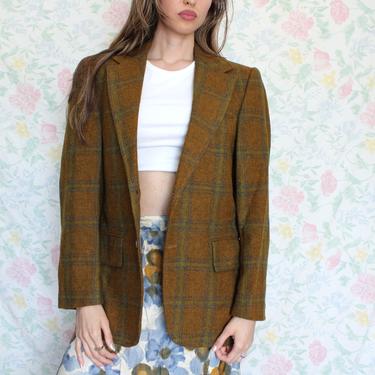 Vintage 70s Blazer, Amber and Green Plaid Wool Tweed Sports Jacket by Lenox Royal Collection, Size Small 