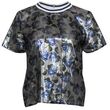 Mother of Pearl - Metallic Silver &amp; Blue Floral Silk Blouse Sz 4