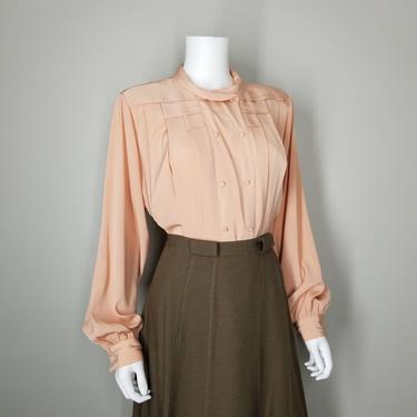 Vintage Deco Cocktail Blouse, Large / Silky Pleated Blouse / Bishop Sleeve Blouse / 1940s Inspired Dress Blouse / 1980s Peach Button Blouse 
