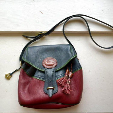 Vintage Dooney and Bourke Teton Drawstring Purse Crossbody Saddlebag, Fir Green, Navy Blue, and Maroon 