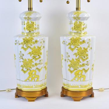 Pair Marbro Chinese Porcelain Urn Lamps w Yellow Flowers Double Socket 