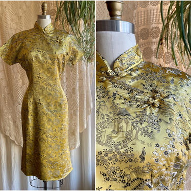 ALL THATS GLITTERS Vintage 60s Asian Cheongsam | 1960s Black &amp; Gold Floral Chinese Style Cocktail Dress | 50s 1950s Made in Japan | Small 