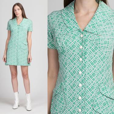 60s Green & White Notched Collar Mod Mini Dress - Small | Vintage Button Up Short Sleeve Abstract Print Shift Dress 