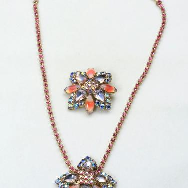 Vintage Aurora Borealis Glass Rhinestone Pendant Necklace and Brooch Pin Set 