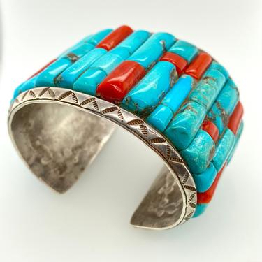 Vintage Navajo Huge Corn Row Inlay Turquoise Coral Cuff Bracelet Sterling Silver Native American 