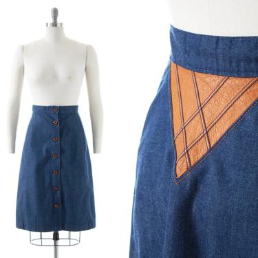 Vintage 1970s Denim Skirt | 70s MS. PIONEER Leather &amp; Dark Blue Jean A-Line Western Boho Button Up Skirt (small) 