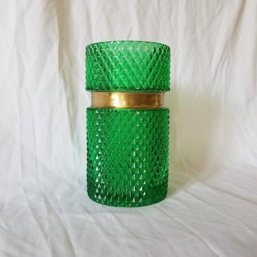 Vintage Green Glass Vase, Large / Flashed Sawtooth Cut Glass Flower Vase with Brass Band / Colorful Mid Century Holiday Table Centerpiece 