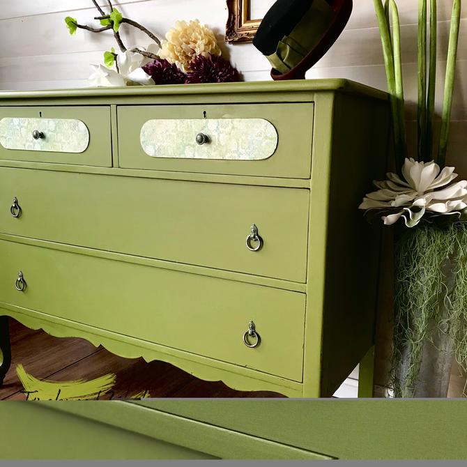 Vintage Wood Dresser Hand Painted In Olive Green From Tanglewood
