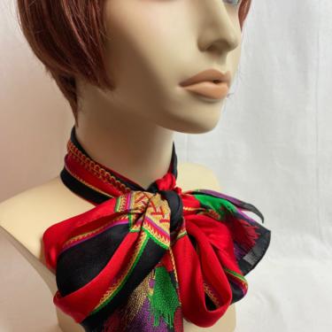 Vintage beautiful soft silk ~ extra long scarf~ rich colorful~ bold print~ red &amp; black~ tassels pattern~ vintage all silk neck/  hair wrap 