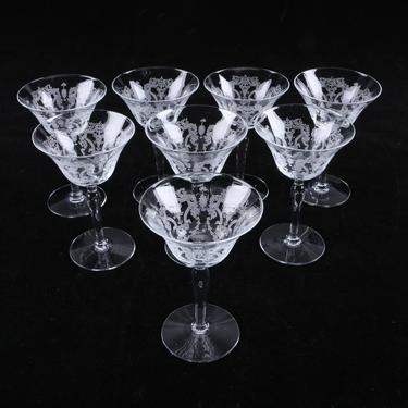 4 Vintage  Etched Crystal Cocktail Glasses / Morgantown Elegant Glass Stemware Martini Glasses 