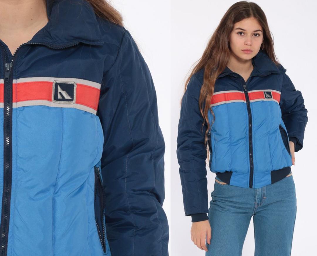 Blue Puffer Jacket Down Ski Jacket Retro 80s Striped Puffy | Shop Exile ...