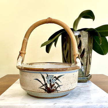 Vintage Stoneware Pottery Basket or Bowl with Bent Wood Bamboo Handle - Handmade, Ceramic, Hand Painted, Artist Signed, Blue Brown Flowers 