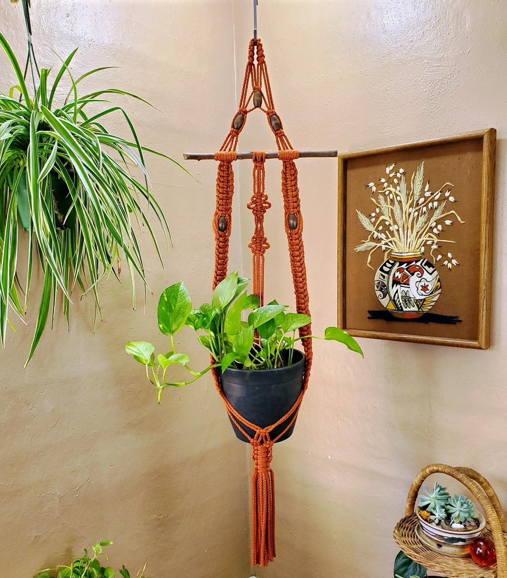 Boho Vintage Inspired Macrame Double Plant good Hanger in Avocado Green with Caramel Brown Orange Ceramic Beads