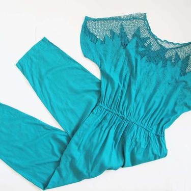 Vintage 80s Jumpsuit M L - Bali Cutwork Jumpsuit - Teal Green Solid Color Womens Jumpsuit - Embroidered Crochet Boho Jumpsuit - Rayon 