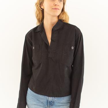 Vintage Black Denim Popover Shirt | Swedish Military Cotton Workwear Chore Utility | XS S | 