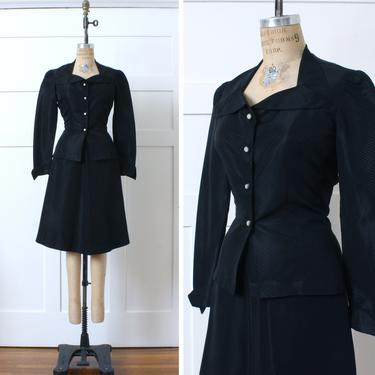 vintage late 1940s - early 1950s dress set • XS black patterned taffeta puff sleeve blouse &amp; skirt 