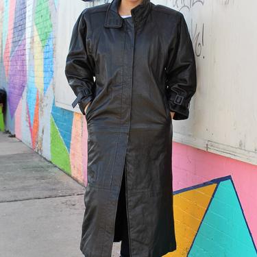 Vintage 1980s Avanti Black Leather Coat, Small Women, Maxi Coat, Pockets Coat, Dolman Sleeve Coat 