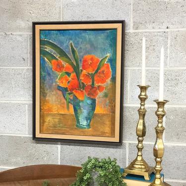 Vintage Floral Painting 1960s Retro Size Mid Century Modern + Flowers in Vase + Bright Colors + Acrylic on Canvas + MCM Home + Wall Decor 