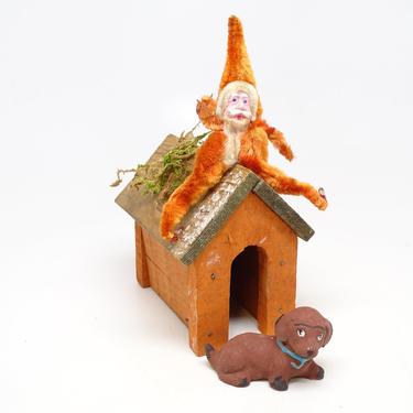 Antique German Dog in Dog House with Santa, Vintage for Christmas Nativity Creche or Putz 