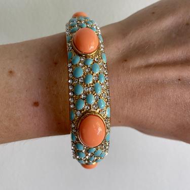 KENNETH JAY LANE Style Faux Coral Cabochon &amp; Turquoise Hinged Clamper Bracelet