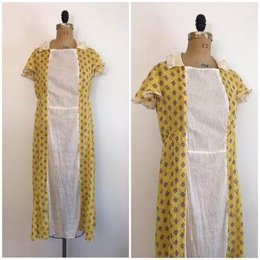 Vintage 1920s 1930s Yellow Cotton Dress Deco Print 20s 30s Flapper Dress 