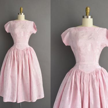 1950s vintage dress | Beautiful Pink Floral Print Short Sleeve Sweeping Full Skirt Cocktail Party Dress | XS | 50s dress 
