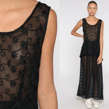 Sheer Black Dress Embroidered Lace Maxi Dress Floral 90s Sleeveless Drape Peplum Boho Gothic Dress 1990s Vintage Medium 