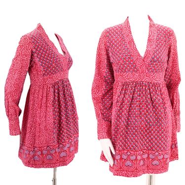 60s India cotton print mini dress 6-8  / vintage early 1960s peasant sleeve pink Sixties baby doll dolly mini S 