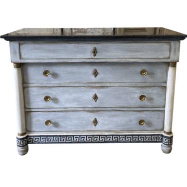 French Empire Painted Marble Top Commode With Greek Key Motif - 19th C
