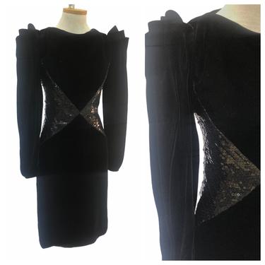 Vintage VTG 1980s Akira Bonwit Teller Black Velvet Sequin Puff Sleeve Party Dress 